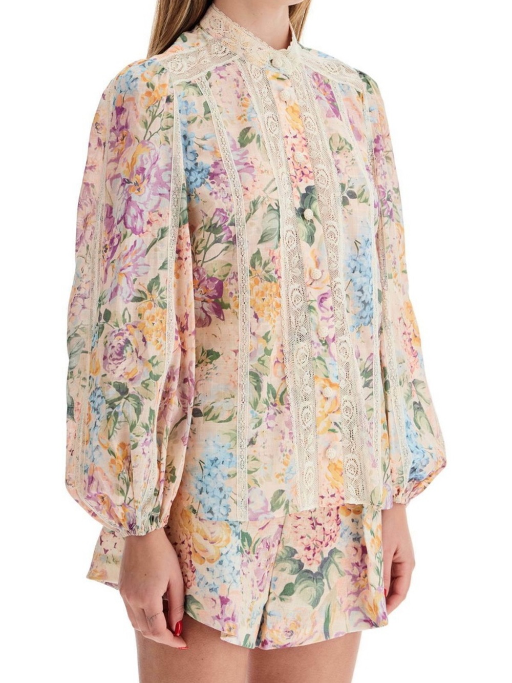 Zimmermann Halliday Pastel Floral Lace-Trim Blouse